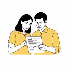 Minimal Vector Coworkers Reviewing Printed Document Together &ndash; Isolated Illustration