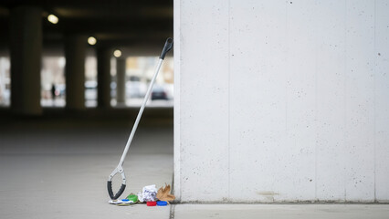 Photo of a litter picker tool leaning against a wall beside trash on the ground, symbolizing waste management