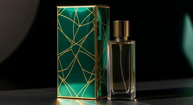 Elegant Perfume Bottle with Luxurious Green and Gold Patterned Packaging Box on Dark Background