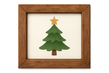 Christmas tree illustration with golden star in a rustic wooden frame on transparent background