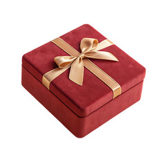 Elegant red velvet gift box with a golden ribbon tied in a perfect bow isolated on transparent background
