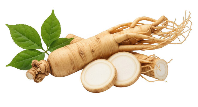 Fresh ginseng root with green leaves and sliced pieces on white isolated on transparent background