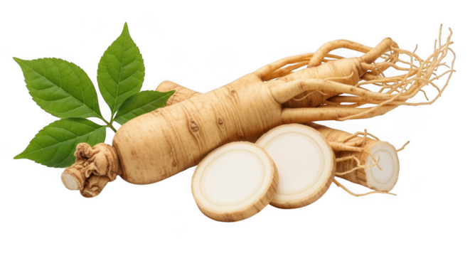Fresh ginseng root with green leaves and sliced pieces on white isolated on transparent background - Powered by Adobe