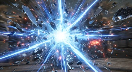 Powerful Blue Energy Explosion Shattering Dark Surface into Shards with Fiery Sparks and Dynamic Light