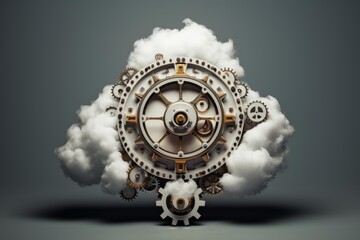 Cloud computing processing data with rotating gears and cogs in a steampunk style