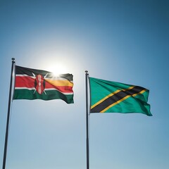 Waving National Flags of Kenya and Tanzania United Against Bright Blue Sky and Sunlight