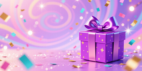 Fototapeta premium Vibrant purple gift box adorned with a matching bow, surrounded by swirling patterns, confetti, and stars, perfect for a birthday or celebration in a whimsical style.