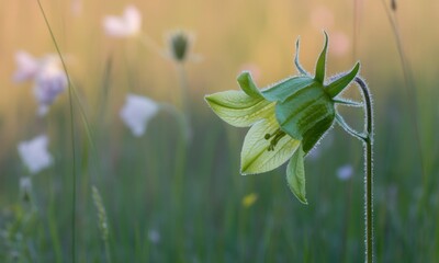 Close-up of a pale yellow-green bell-shaped flower, with soft focus on surrounding wildflowers
