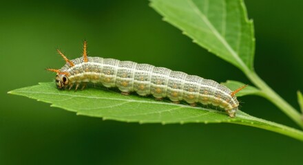 Close-up of a light-green caterpillar on a leaf
