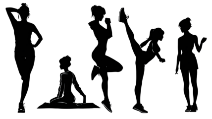 Silhouettes of dancing girls in dynamic poses with flowing movement nightlife performance isolated on white background
