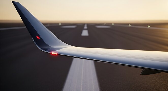 Close up view of an airplane winglet with navigation lights ready for takeoff on a runway at sunset