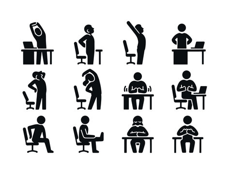 Stretch Break Icons. Taking a break from work to stretch. Solid