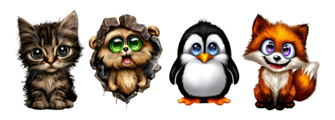 Fototapeta premium Adorable Kawaii Animal Badges Featuring Cute Cat, Dog, Penguin, and Fox Characters