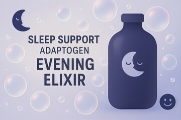 Evening elixir for sleep support with adaptogens in a soothing design showcasing tranquility and restful nights captured in a serene color palette