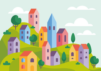 A whimsical illustration of a colorful village set on rolling hills, showcasing unique buildings and trees, ideal for travel themes and home decor projects that inspire adventure.