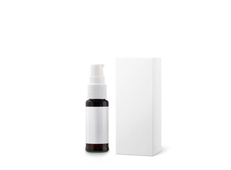 An amber-necked spray bottle with a cardboard box,  separate from a white background.
