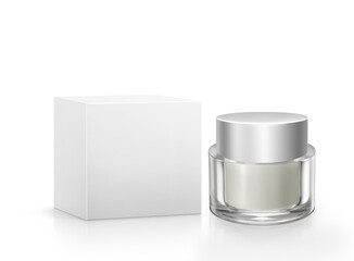 A cosmetic bottle with a lid and a white cardboard box on a white background.