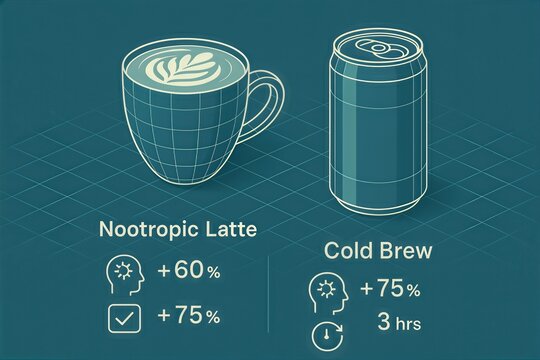 Comparative analysis of the cognitive benefits of nootropic latte and cold brew coffee illustrated with minimalist graphics highlighting their unique qualities
