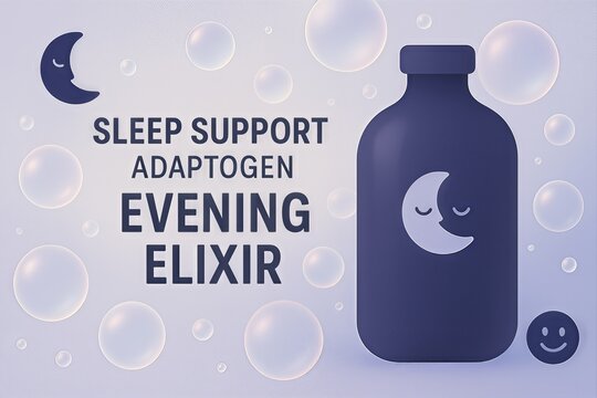 Evening elixir for sleep support with adaptogens in a soothing design showcasing tranquility and restful nights captured in a serene color palette