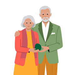 An elderly couple stands closely together, sharing a warm smile while holding a green ball of yarn, symbolizing love, companionship, and the joy of shared moments in life.