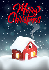 Vertical Christmas greeting card with handwritten Merry Christmas. Cute red snowy house with glowing windows, gentle falling snow and warm cozy winter atmosphere. Festive vector illustration for