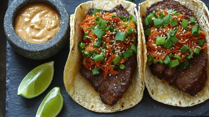 Korean-Mexican fusion tacos with caramelized bulgogi beef, orange kimchi slaw and sesame seeds served on slate with stone molcajete sauce and lime