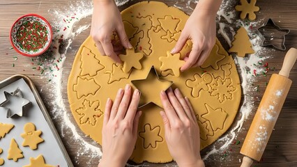 Hands cutting christmas cookies from dough holiday baking preparation festive gingerbread shapes family tradition seasonal dessert sweet treats