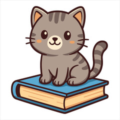 Cartoon gray tabby cat sitting atop a closed blue and tan book.