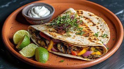 Premium vegetable quesadillas with grilled bell peppers, mushrooms and red onions served with lime wedges and sour cream on rustic terracotta plate