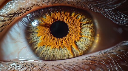 Iris pattern complexity extreme closeup golden brown eye macro detailed structure crypts furrows pigment distribution identification biometric markers