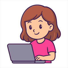 Cartoon Girl with Laptop Focused Pink Shirt Brown Hair Digital Learning.