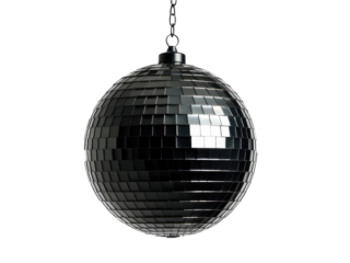A shiny black disco ball hangs from a chain, perfect for parties or decorations. transparent background
