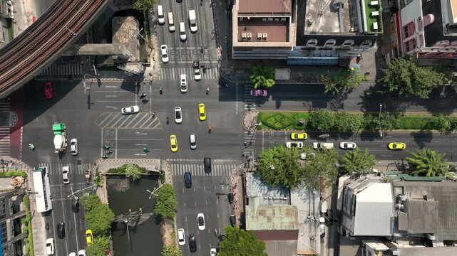 sunny day bangkok city center famous touristic district traffic street crossroad aerial topdown panorama 4k thailand