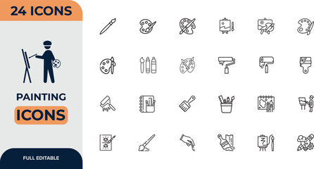 Painting and drawing line icon set. Artist, paints and brush, art tools, palette, pencil and picture. Outline vector icon in linear style. Conceptual pictogram collection.