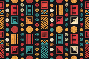 Colorful geometric pattern with vertical columns of circles, squares, and rectangles featuring stripes, zigzags, and concentric designs on a black background generative ai