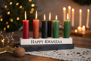Kwanzaa Kinara with seven lit candles—three red, three green, one black—symbolizing unity and heritage, set against a festive background with celebratory lights generative ai