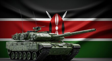 Modern Military Tank with Camouflage Pattern in Front of Waving Kenyan Flag, Symbolizing National Defense