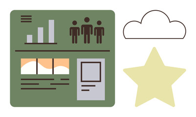Green analytics dashboard featuring charts, user metrics, graph, and images. Adjacent cloud and star representing evaluation, networking, and creativity. Ideal for business, data teamwork