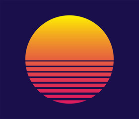 A vibrant yellow-to-pink gradient circle sits on a dark indigo background. Horizontal pink lines fill the lower half creating a classic retrowave 80s aesthetic.