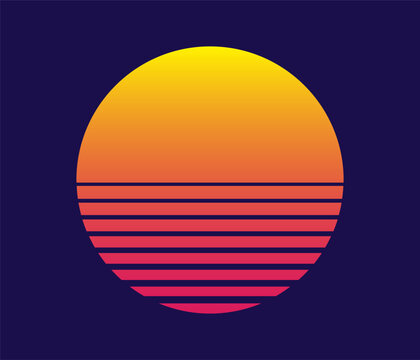 A vibrant yellow-to-pink gradient circle sits on a dark indigo background. Horizontal pink lines fill the lower half creating a classic retrowave 80s aesthetic.