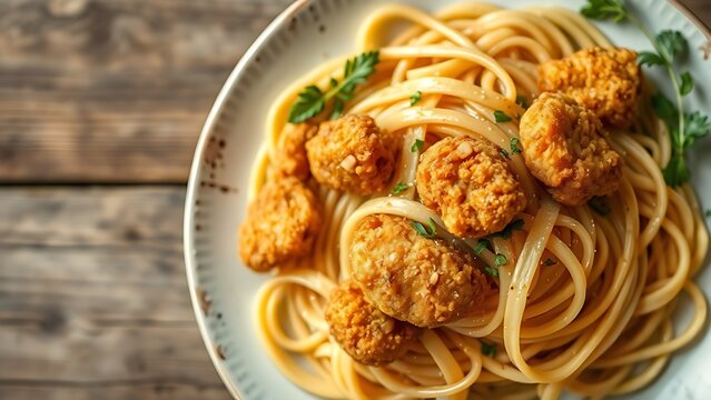 linguine. Golden fried chicken pieces atop linguine pasta, arranged on a rustic wooden table. menu design, packaging mockups, designed for food delivery and cloud-kitchen brand materials.
