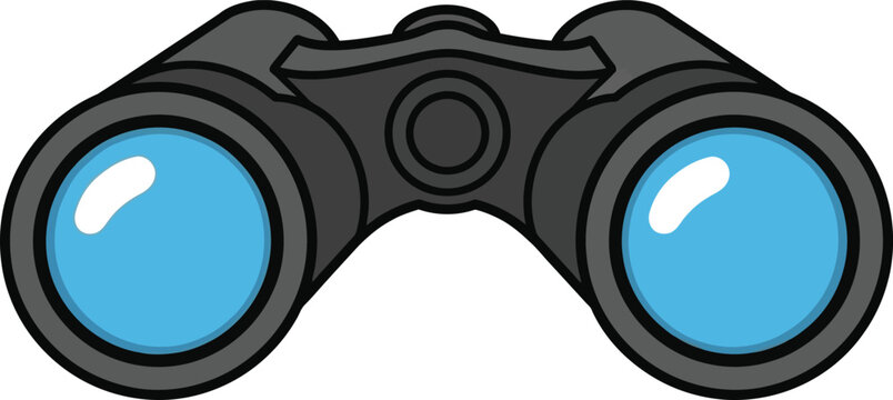 Cartoon illustration of a pair of black binoculars with bright blue lenses, perfect for outdoor exploration, distant observation, and adventure