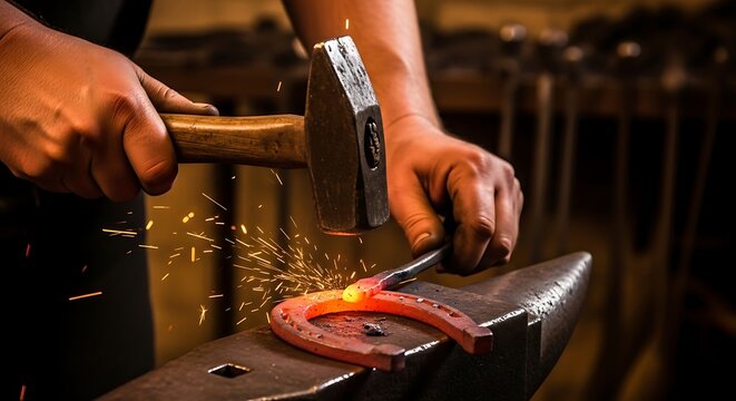 Blacksmith crafting horseshoe at the workshop with sparks and intensity