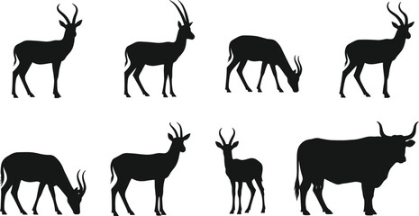 African Antelope Silhouettes Vector Set, Oryx, Gazelle, or Kudu Poses and Large Bovine Cattle Outline for Wildlife, Safari, and Hunting Designs.
