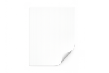 Blank white paper sheet mockup with a curled bottom corner on transparent background, ready for content placement