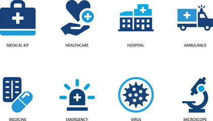 Medical Icons Set: Healthcare Helpers Including Hospital, Ambulance, Medicine, Emergency, Virus, and Microscope Symbols
