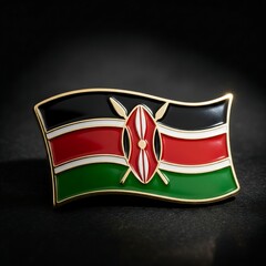 Detailed Kenya National Flag Lapel Pin with Maasai Shield on Dark Background