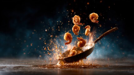 A high-energy culinary scene showcases shrimp being tossed in a sizzling pan, creating an exhilarating splash that highlights the artistry of cooking in a vibrant kitchen atmosphere.