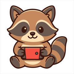 Cartoon Raccoon Holding a Red Tablet Playful and Cute Illustration.