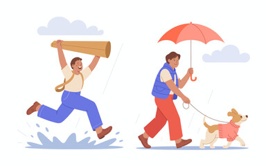 This lively illustration features two boys joyfully walking their dog in the rain, showcasing friendship, fun, and the bond between pets and their owners in a playful manner.